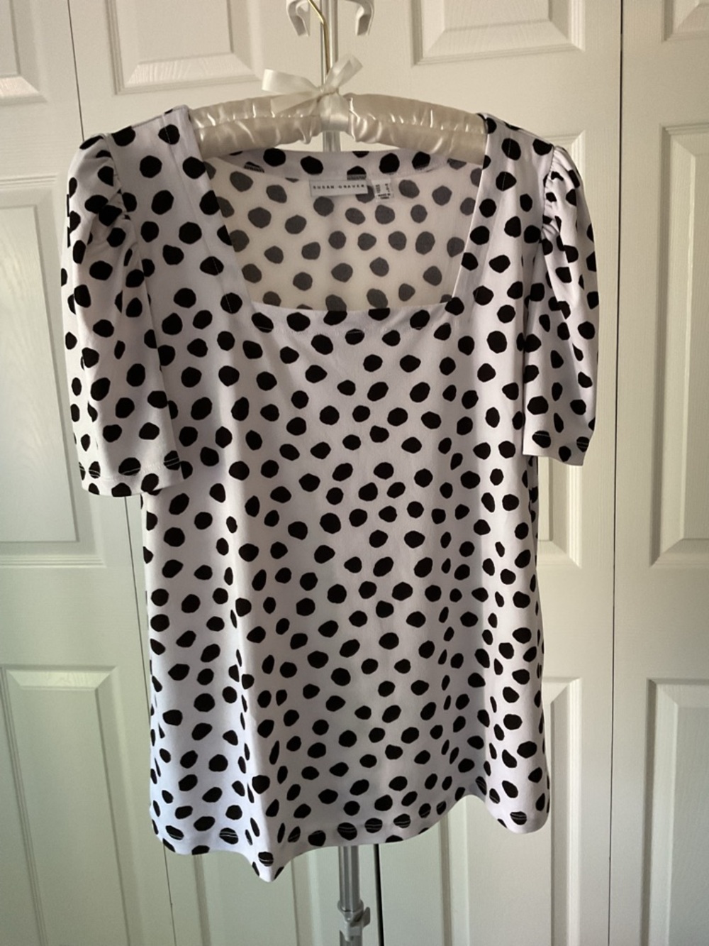 Susan Graver Polka Dot Puff Sleeve Square Neck Top - Black on White